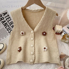 Vintage 3D Flower Sweater Vest Women Casual Sleeveless Single-breasted