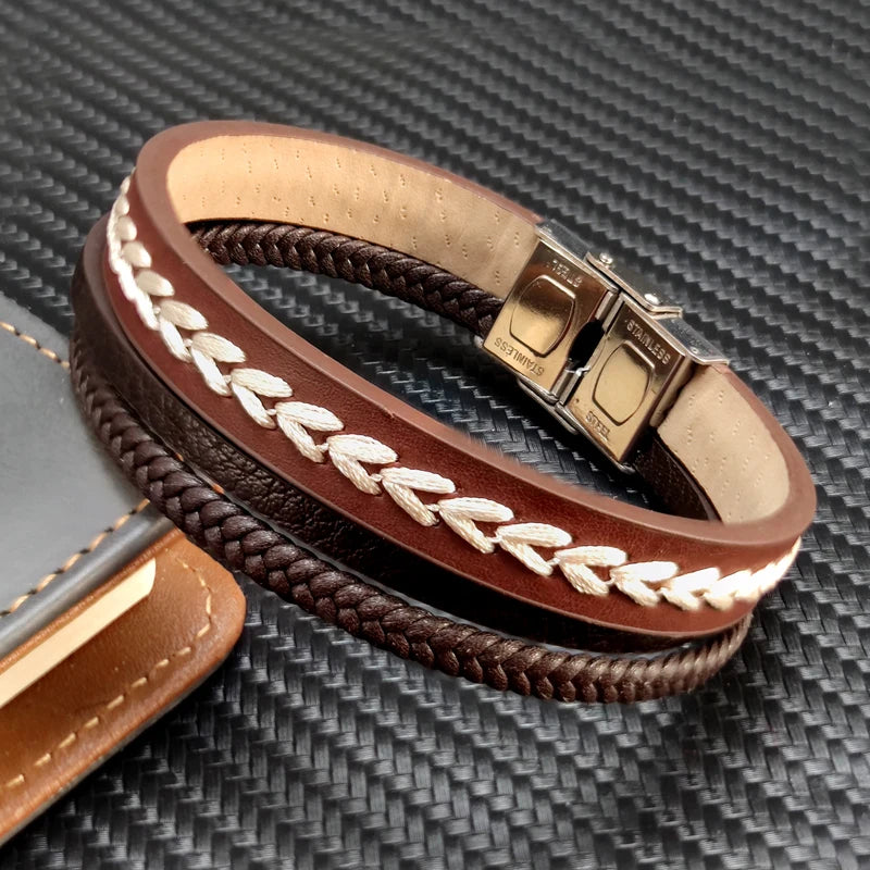 Style Brown Multilayer Man Bracelet Braided Rope Stainless Steel