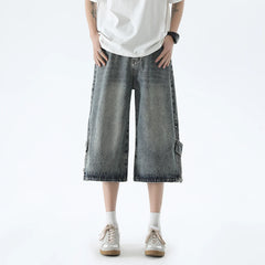 Style Zipper Decor Men's Jeans  Wide Leg Shorts