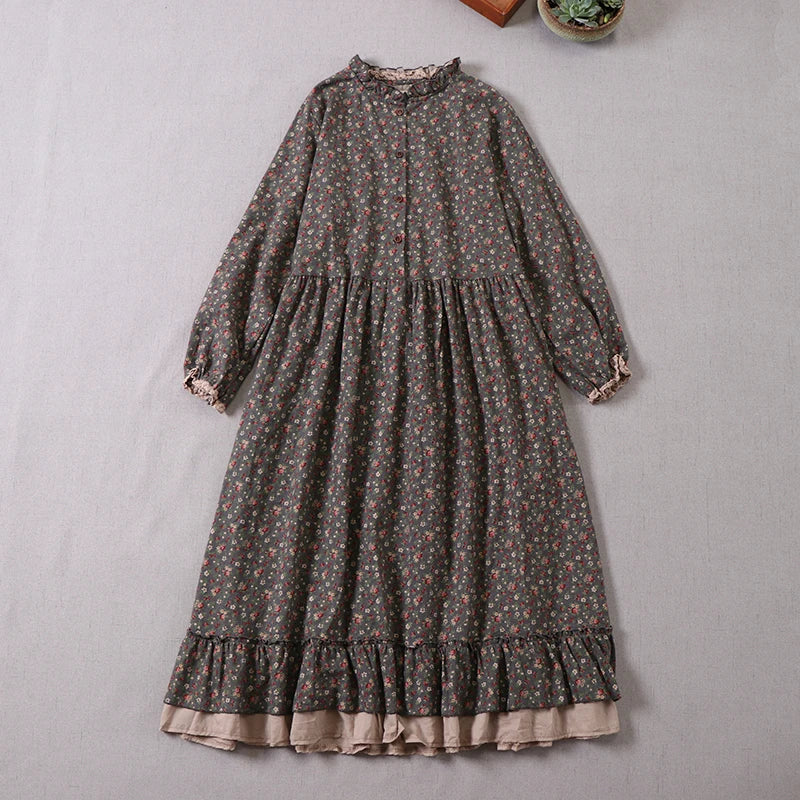 Vintage Floral Print Ruffled Cotton Retro A-line Dresses