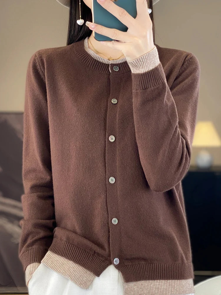 Knitted Cardigan Sweater O-neck Patchwork Style