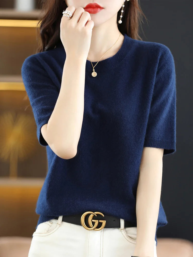 Short-sleeved Knitwear Women O-neck T-shirt Blend Pullover Sweater