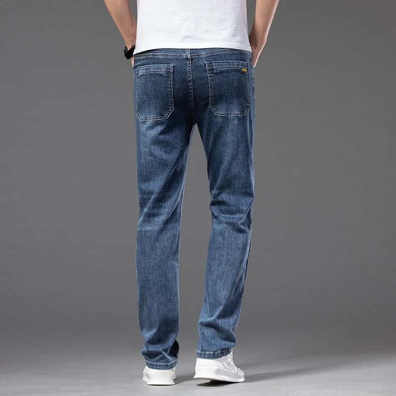 Stretch Loose Jeans Classic Straight Business Casual Elastic Waist Denim Trousers