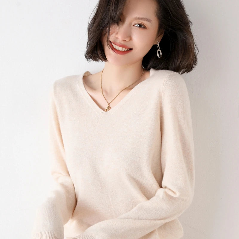 Pure Wool V-Neck Loose Pullover Sweater Basic Style All-Match Knitted