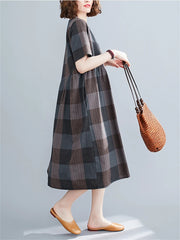 Short Sleeve Summer Plaid Dresses For Women Casual Vintage