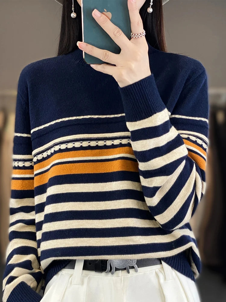 Half-high Collar Color Strip Pullover Casual Knit Base Shirt Warm Top