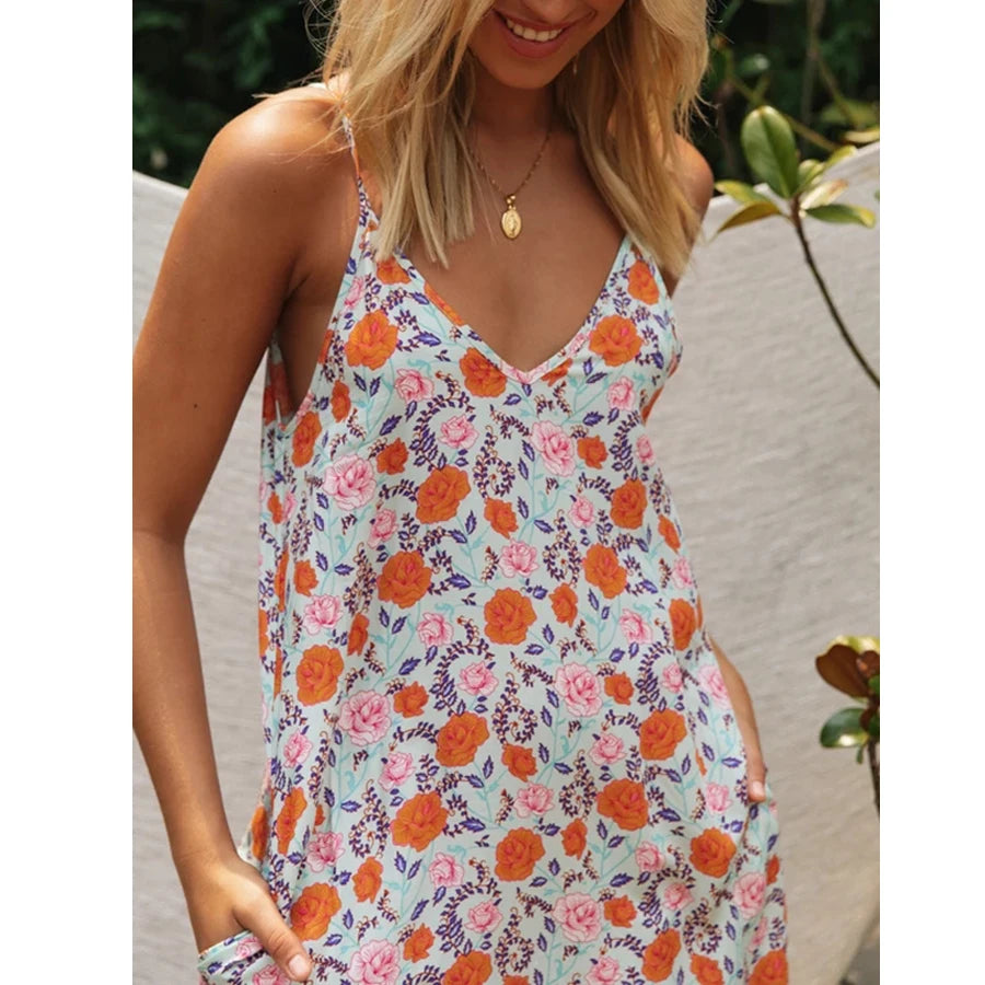 Sleeveless Strap Vintage Floral Print Backless Casual Slip Dresses