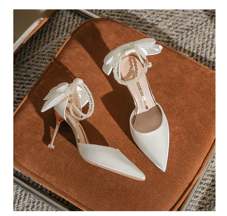 Thin Heel Hollow Sandals Pearl Butterfly Pointed Toe High Heels