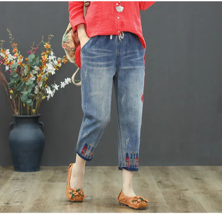 Fashion Ripped Loose Jeans Casual Embroidery Denim Trousers Vintage