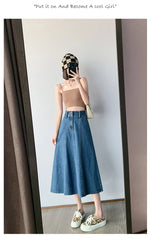 Streetwear Lady Denim Mid Length Skirt Casual High Waist