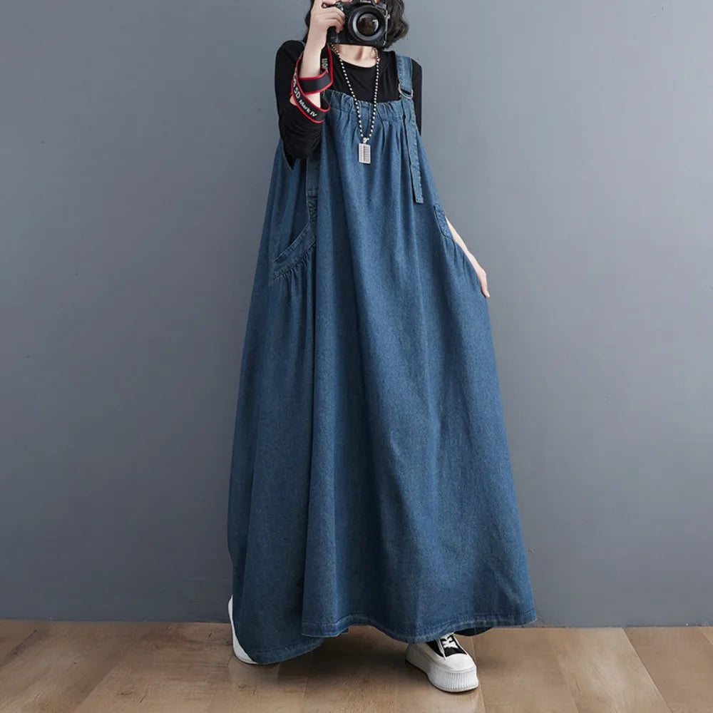 Women Fashion Long Retro Denim Suspender Skirt Dresses