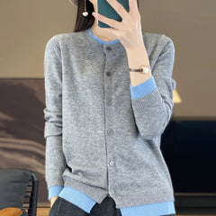 Knitted Cardigan Sweater O-neck Patchwork Style