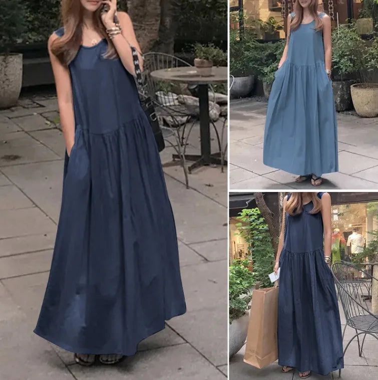 Summer Casual O-neck Sleeveless Loose Solid Long Dress