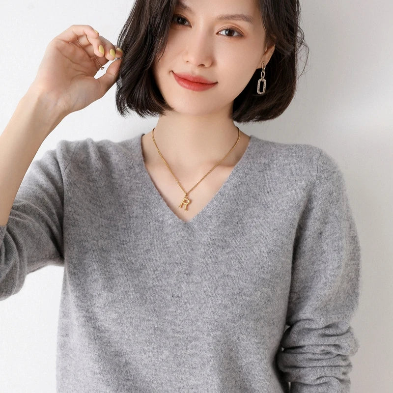 Pure Wool V-Neck Loose Pullover Sweater Basic Style All-Match Knitted