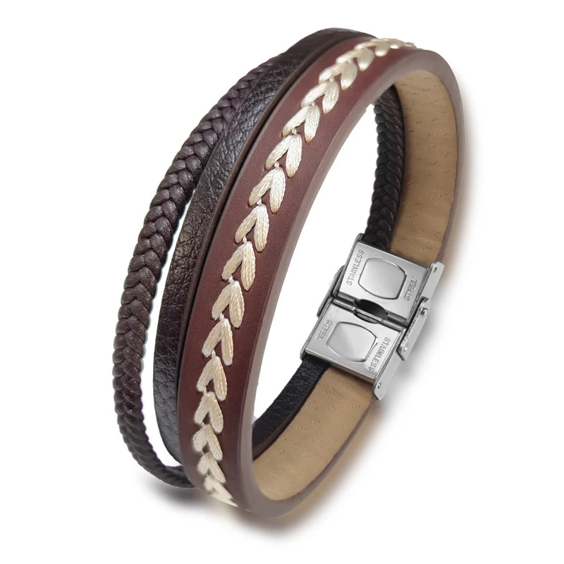 Style Brown Multilayer Man Bracelet Braided Rope Stainless Steel