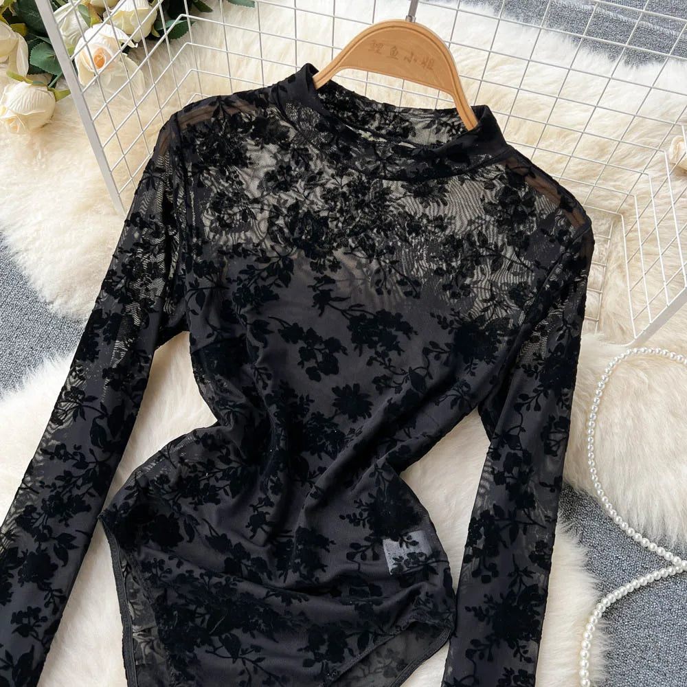 Mesh Lace Slim Bodysuit Chic Long Sleeve Fashion Jumpsuits