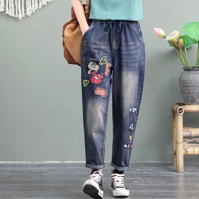 Embroidery Ankle-Length Baggy Jeans Elastic High Waist Harem Pants