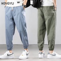 Summer Cotton Stretch Ankle Length Casual Pants Cargo Elastic Harem