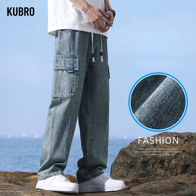 Harajuku Street Casual Cargo Pants Fashion Loose Straight Denim Trousers