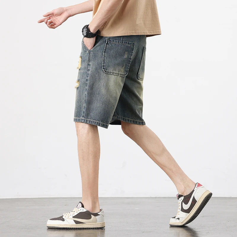 Summer Men's Vintage Denim Shorts Ripped Holes Baggy Straight Casual