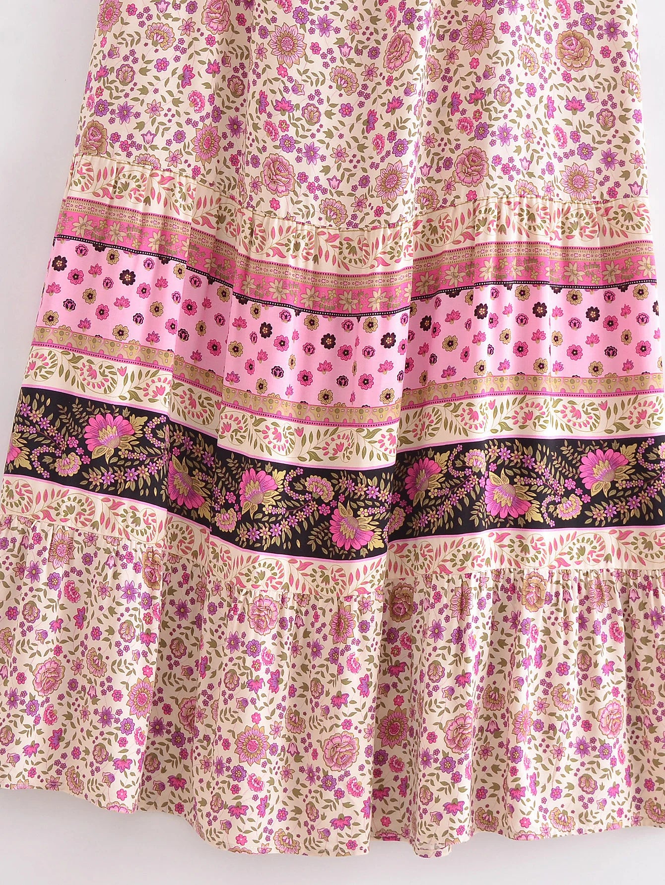BOHO Pink Contrast Color Flower Print Midi Long Sling Dress