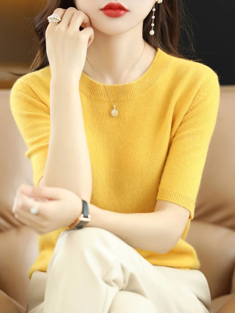 Short-sleeved Knitwear Women O-neck T-shirt Blend Pullover Sweater