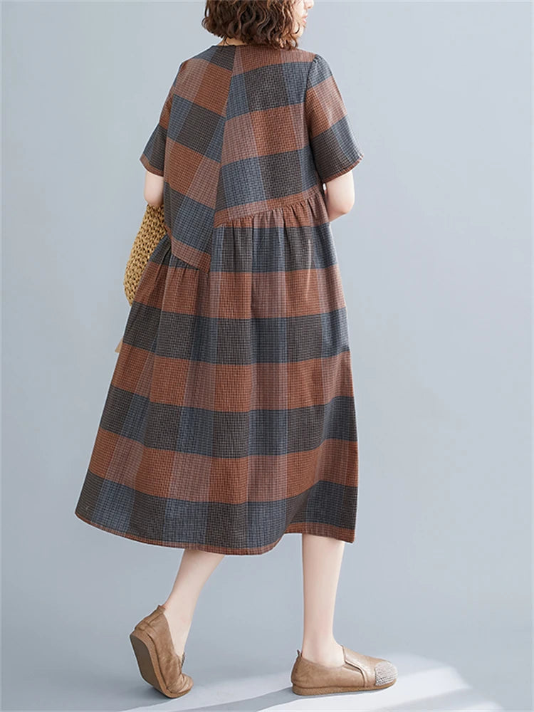 Short Sleeve Summer Plaid Dresses For Women Casual Vintage