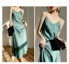 Vintage Satin Dress Summer Spaghetti Strap Long Midi Robe Clothing