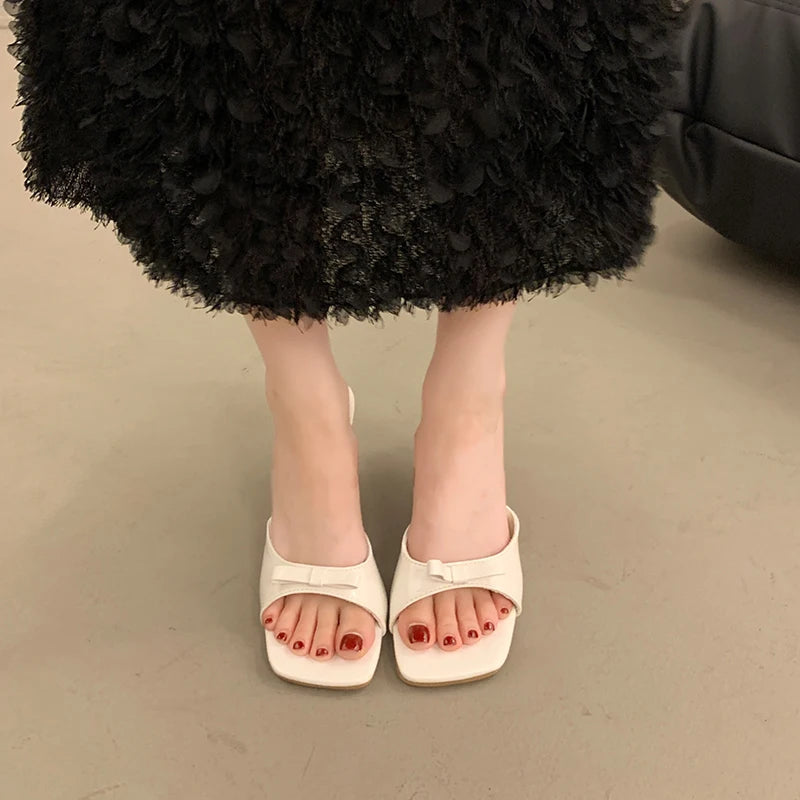 Bow Knot Slides Square Toe Summer Shoes 6.5cm Thin Heel Slipper