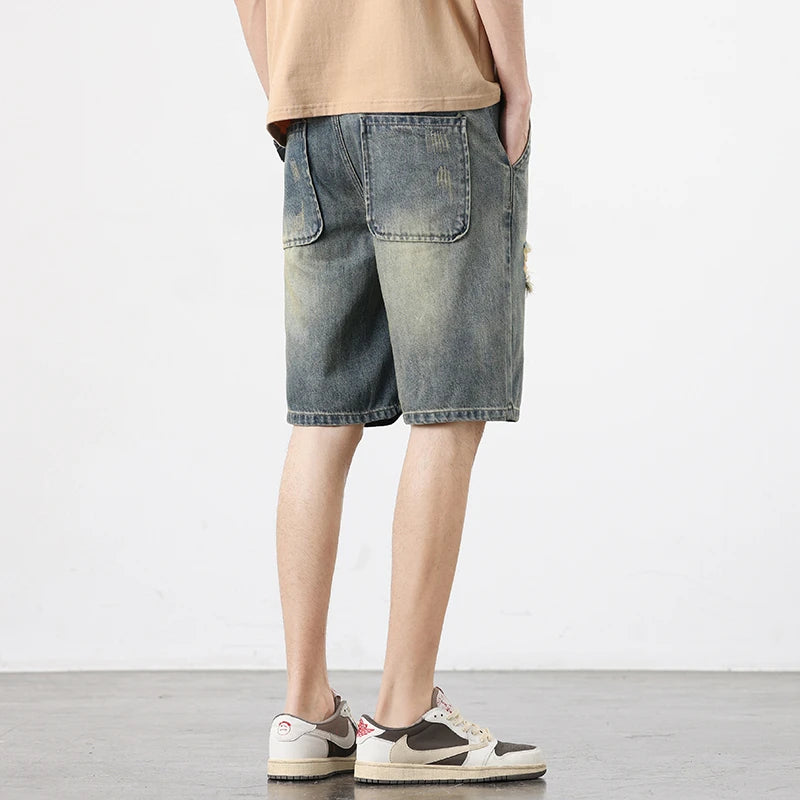 Summer Men's Vintage Denim Shorts Ripped Holes Baggy Straight Casual