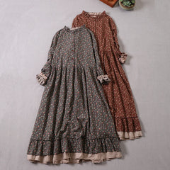 Vintage Floral Print Ruffled Cotton Retro A-line Dresses