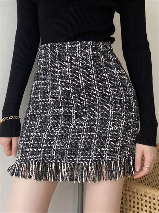 Vintage Plaid Tassel Fashion Tweed Skater Mini Skirt