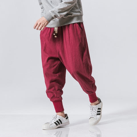 Cotton Harem Pants Men Solid Elastic Waist Streetwear Joggers