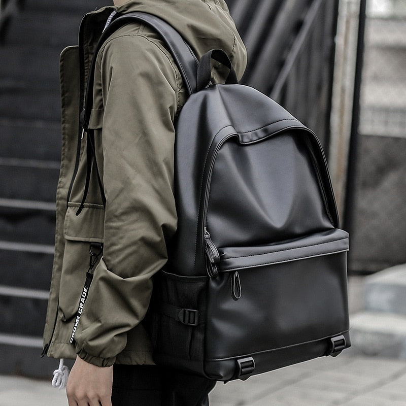 Fashion Men Leather Backpack Black School Bags for Teenager Boys