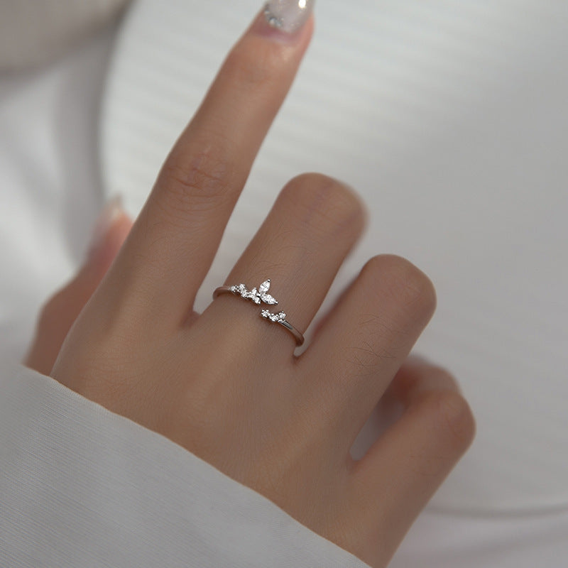 Crystal Zircon Branch Bud Sweet Chic Leaf Opening Ring