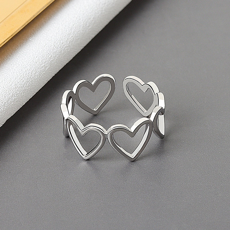 925 Sterling Silver Geometric heart hollowout  Adjustable Ring Minimalist