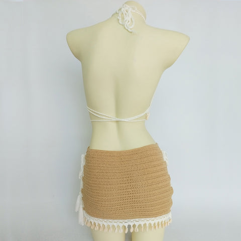 3pcs Bikini Set Woman Crochet Shell Tassel Bikini Top And Seashell Ankle Chain