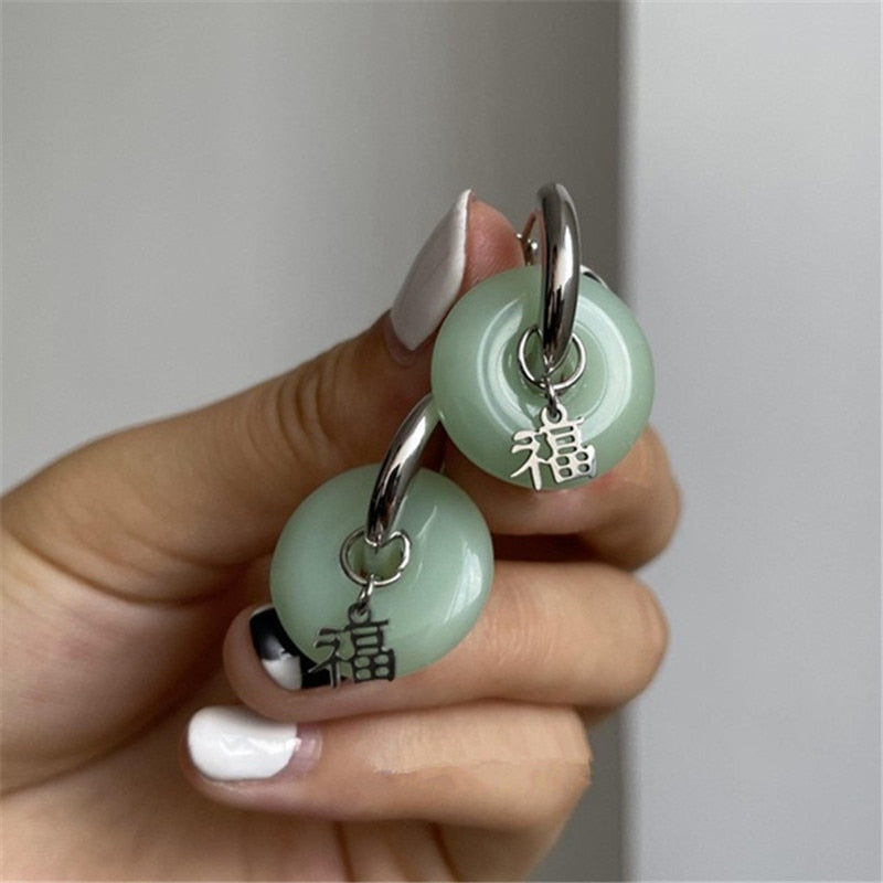 Unique Green Jade Round Stainless Steel Hoop Earrings
