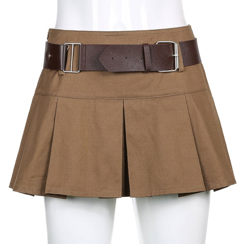 Casual Brown Pleated Mini Skirt Ladies High Waisted Short Skirts