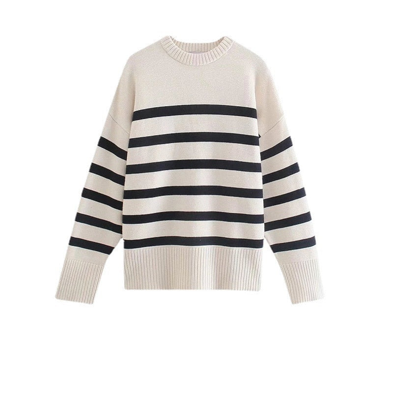 Ladies Striped Knitted Loose Sweater Women Pullover Tops Long Sleeve O Neck