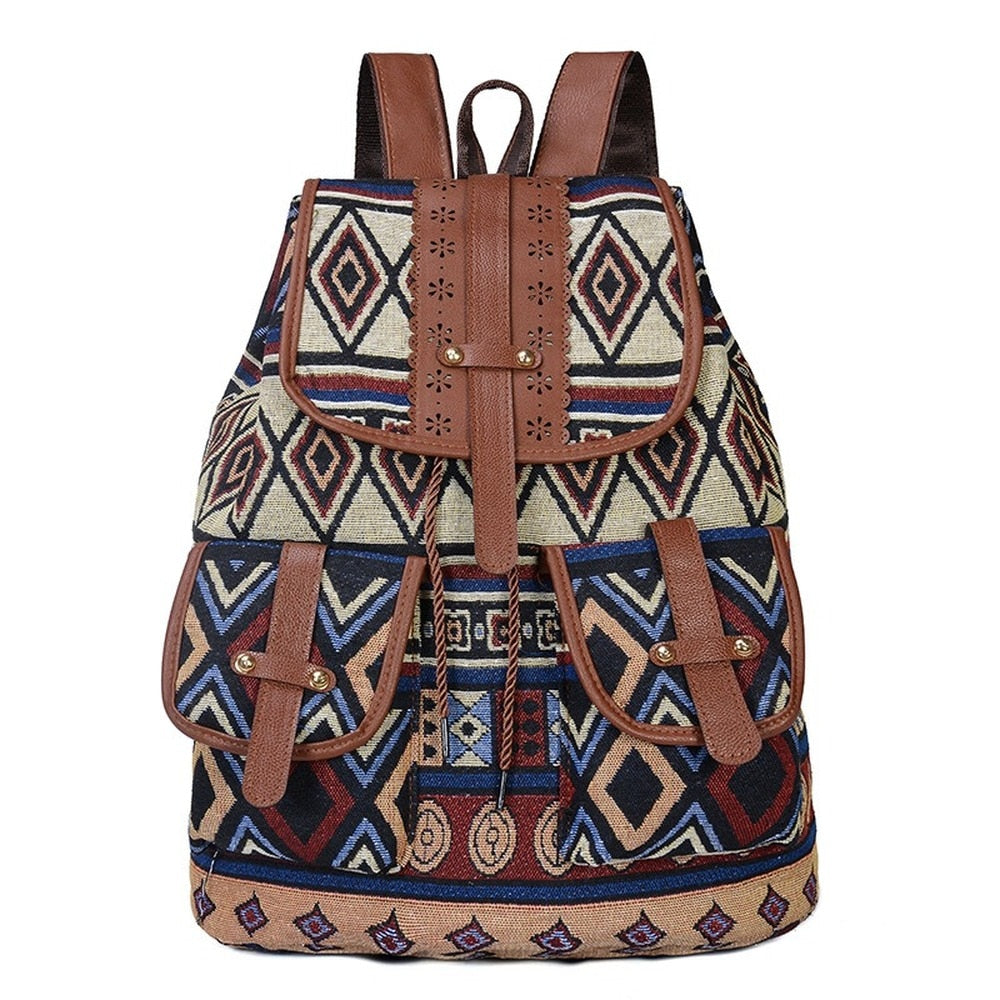 style backpack retro pattern canvas female bag fashion travel drawstring backpack