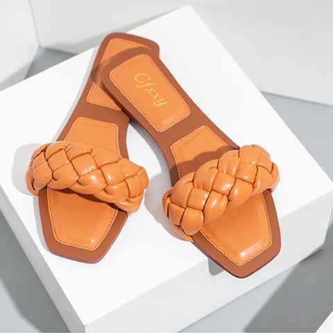 Slippers Women Slip On Slides Fashion Brand Square Toe Leather Flat Sandals