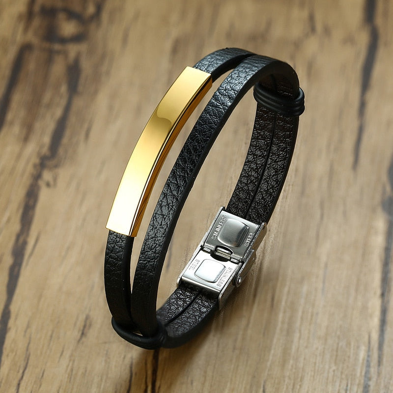 Multi Layer Leather Bracelets for Men Customizable Engraving Stainless Steel Casual