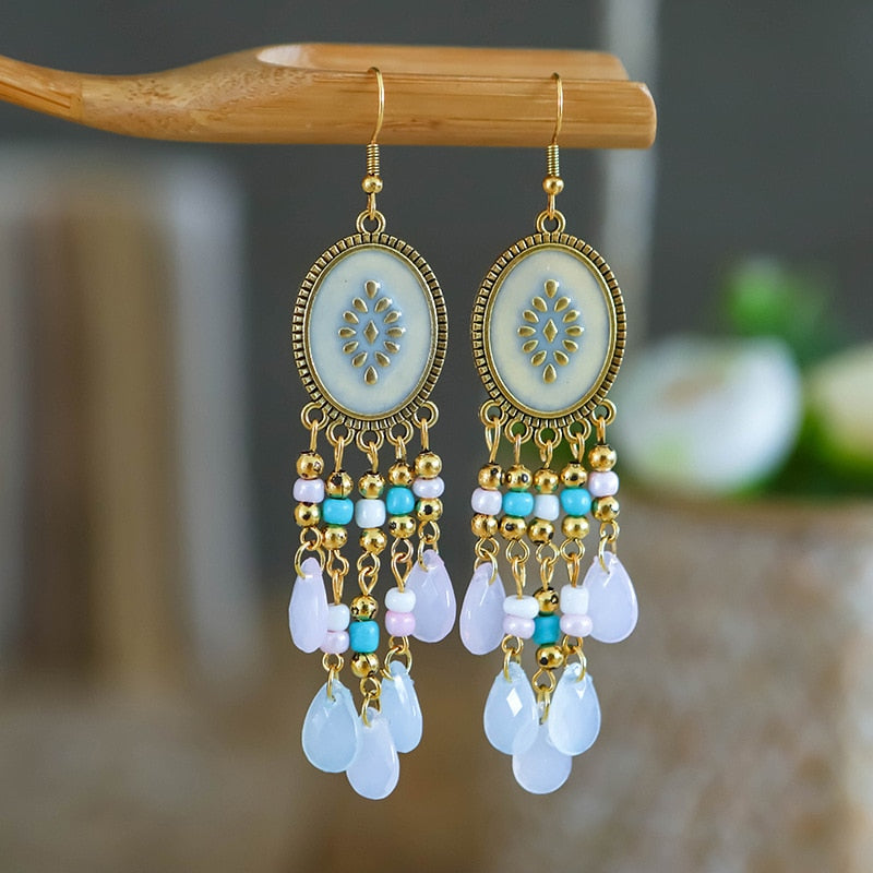 Bohemian Antique Gold Plated Long Water Drop Tassel Earrings