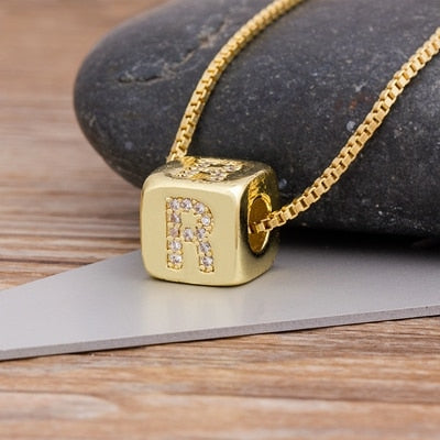 A-Z Initials Micro Pave Copper CZ Cube Letter Pendant Necklaces