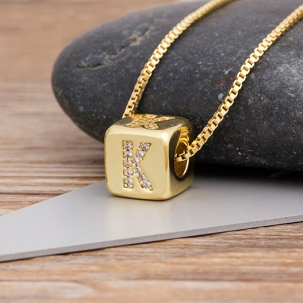 A-Z Initials Micro Pave Copper CZ Cube Letter Pendant Necklaces