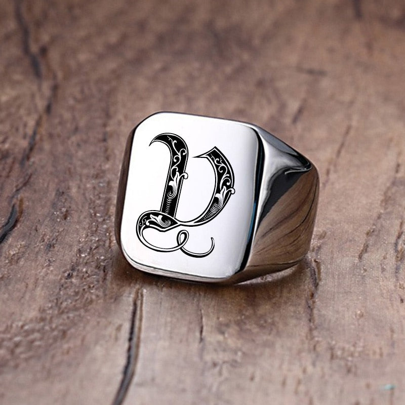 Retro Initials Signet Ring for Men 18mm Bulky Heavy Stamp Male Band Stainless Steel Letters Custom