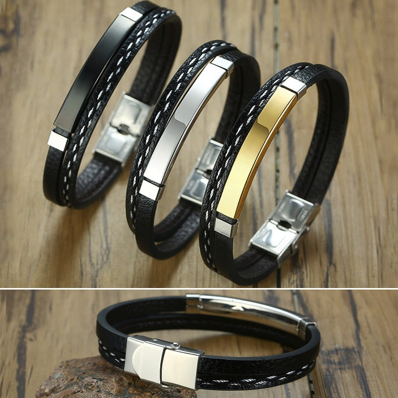 Multi Layer Leather Bracelets for Men Customizable Engraving Stainless Steel Casual