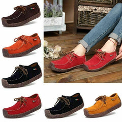 Ladies Suede Leather Lace-up Flats Boat Casual Shoes Moccasin Comfy Slip on