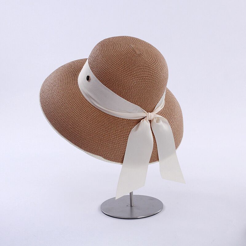 Retro French Hepburn Straw Hat Bow Seaside Big Brim Sun Protection Shade